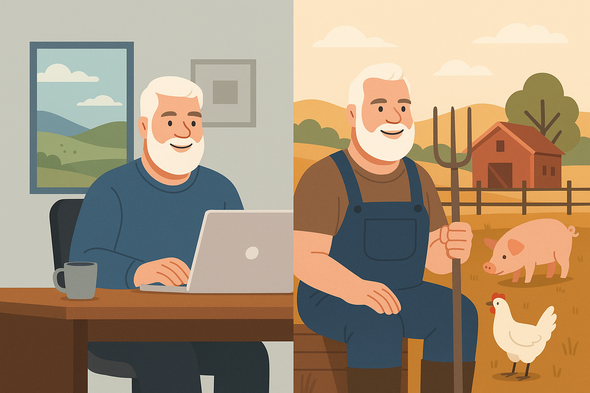Illustration of a white-haired bearded man working on a laptop at a desk on one side and tending to pigs and chickens on a farm on the other, representing the balance between corporate remote work and country living.